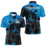 Maxcorners Custom Blue Flame Bowling Men Polo Shirts, Splatter Bowling Team Tournament Shirt LM2509