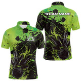 Maxcorners Custom Green Flame Bowling Men Polo Shirts, Splatter Bowling Team Tournament Shirt LM2509