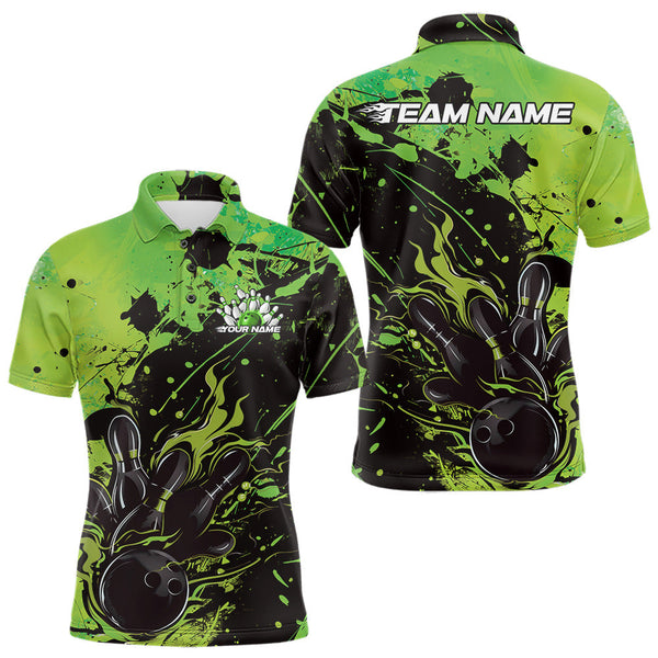 Maxcorners Custom Green Flame Bowling Men Polo Shirts, Splatter Bowling Team Tournament Shirt LM2509