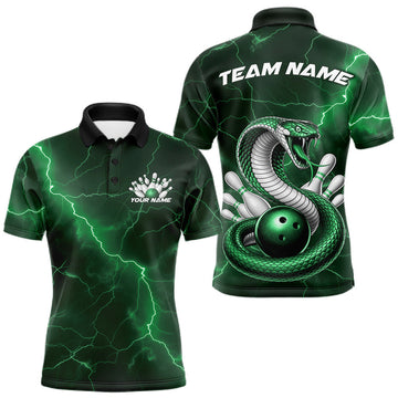 Maxcorners Custom Green Lightning Cobra Bowling Men Polo Shirt, Bowling Tournament Team Shirt
