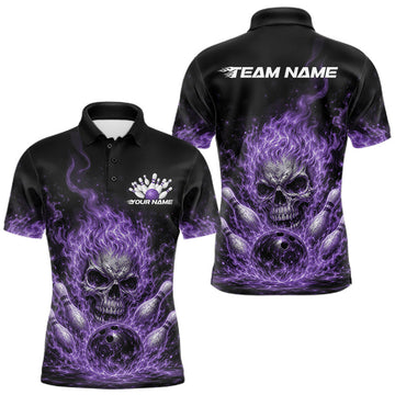 Maxcorners Custom Purple Flame Skull Halloween Bowling Men Polo Shirt, Bowling Jersey Variant 2