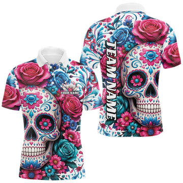 Maxcorners Custom Colorful Rose Sugar Skull Halloween Bowling Team Men Polo Shirt LM0409