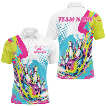Maxcorners Custom Colorful Flame Bowling Casual Men Polo Shirt, Bowling Team League Shirt