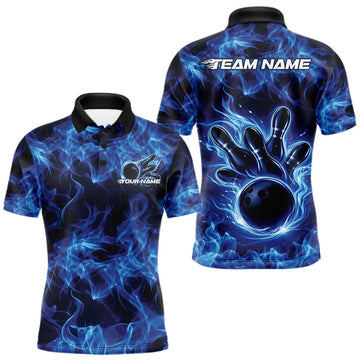 Maxcorners Custom Blue Flame Bowling Men Polo Team Shirt, Bowling Tournament Shirt LM1104