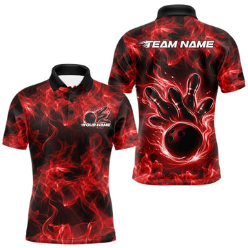 Maxcorners Custom Red Flame Bowling Men Polo Team Shirt, Bowling Tournament Shirt LM1104