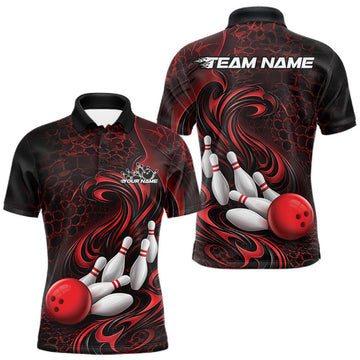 Maxcorners Custom Black And Red Tribal Flame Men Bowling Team Shirt, Polygonal Bowling Jerseys LM2704