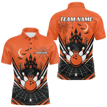 Maxcorners Custom Orange Halloween Theme Haunted Castle And Spiderwebs Bowling Men Polo Shirt LM0409