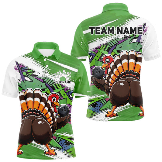 Maxcorners Custom Cheeky Turkey Funny Urban Street Art Splatter Bowling Team Men Polo Shirt | Green