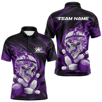 Maxcorners Custom Black And Red Flame Skull Bowling Polo Shirt For Men