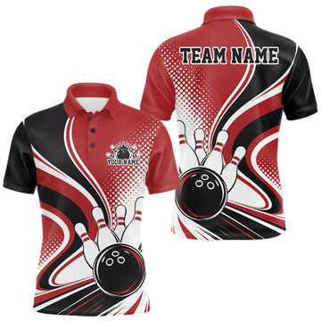 Maxcorners Custom Red Halftone Classic Retro Bowling Men Polo Shirt, Bowling Team League Shirt LM0409