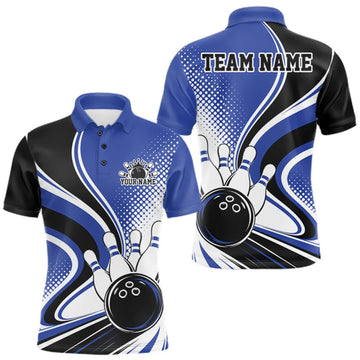 Maxcorners Custom Blue Halftone Classic Retro Bowling Men Polo Shirt, Bowling Team League Shirt LM0409