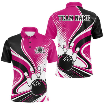 Maxcorners Custom Pink Halftone Classic Retro Bowling Men Polo Shirt, Bowling Team League Shirt LM0409