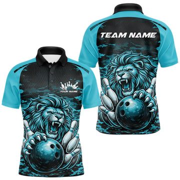 Maxcorners Custom Blue Camo Lion Bowling Men Polo Shirt, Lion Bowling Team League Shirt
