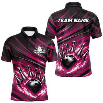 Maxcorners Custom Pink Fire Flame Bowling Team Men Polo Shirt, Bowling League Shirt LM0404