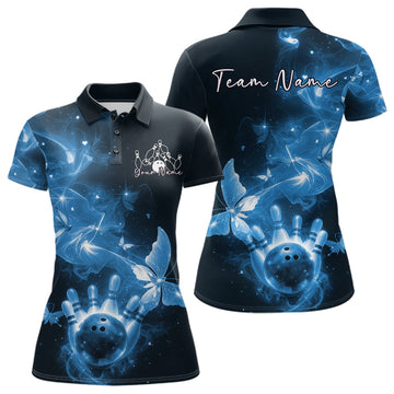 Custom Blue Galaxy Butterfly Bowling Women Polo Shirt, Ladies Bowling Team Outfit LM1203