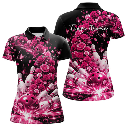 Custom Beautiful Pink Roses And Butterfly Women Bowling Team Shirt, Bowling League Shirt LM1203