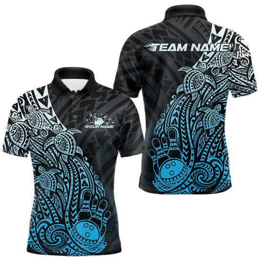 Maxcorners Custom Black And Blue Polynesian Tribal Turtle Bowling Men Polo Team Shirts Outfit