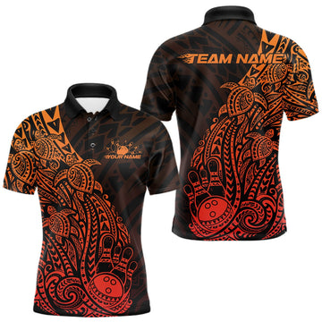Maxcorners Custom Red Orange Polynesian Tribal Turtle Bowling Men Polo Team Shirts Outfit
