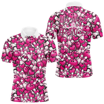 Maxcorners Custom Pink Heart Theme Valentine Bowling Couple Shirt, Love Bowling Jerseys With His Name And Her Name LM1501