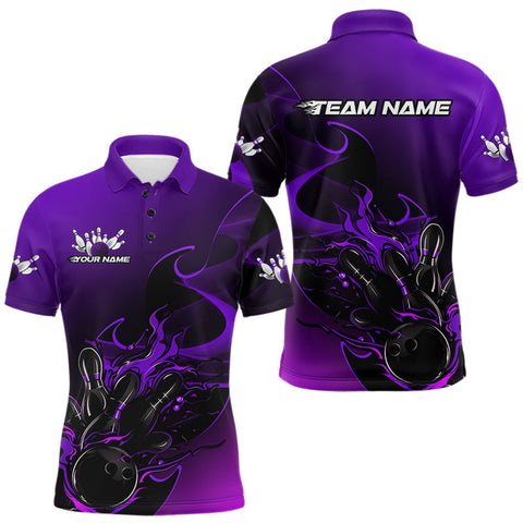 Maxcorners Custom Black And Purple Flame Bowling Team Men Polo Shirt, Bowling Tournament Shirt TU1509