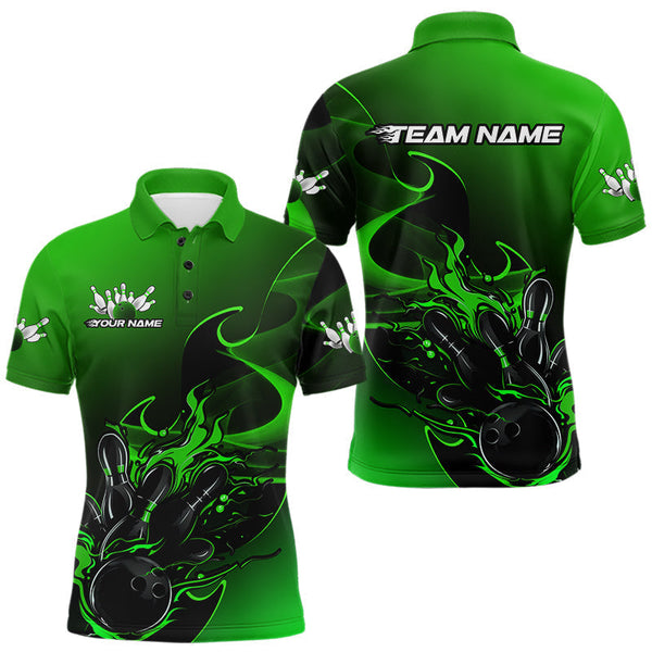 Maxcorners Custom Black And Green Flame Bowling Team Men Polo Shirt, Bowling Tournament Shirt TU1509