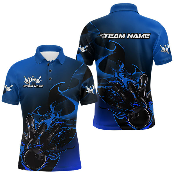 Maxcorners Custom Black And Blue Flame Bowling Team Men Polo Shirt, Bowling Tournament Shirt TU1509