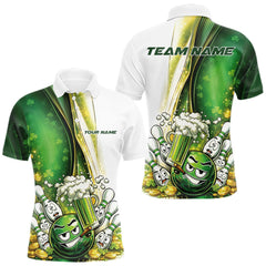 Maxcorners Custom Funny St Patricks Party Beer Bowling Team Shirts, Green Shamrock And Gold Coin Bowling Jerseys LM2201