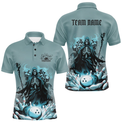 Maxcorners Custom Blue Flame Grim Reaper Bowling Men Polo Shirts, Piles Of Skull Halloween Outfit MT2009