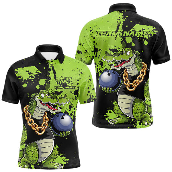 Maxcorners Custom Green Splatter Funny Alligator Bowling Men Polo Shirts, Bowling Team Shirts MT2009