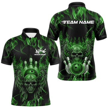 Maxcorners Custom Black And Green Flame Skull With Wings Men Bowling Shirt, Halloween Team Shirt