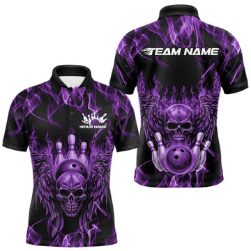 Maxcorners Custom Black And Purple Flame Skull With Wings Men Bowling Shirt, Halloween Team Shirt