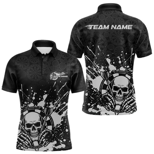 Maxcorners Custom Black And Gray Splatter Dart Skull Men Polo Shirt, Dart Bone Halloween Team Jerseys LM1903