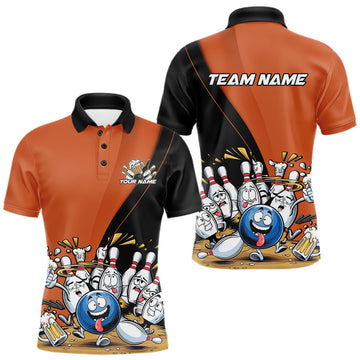 Maxcorners Custom Orange Funny Bowling Men Polo Shirts, Bowling And Beer Party Bowlers Outfit LM2602