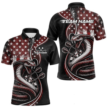 Maxcorners Custom Grunge Red US Flag Patriotic Cobra Snake Dart Men Polo Shirt, Dart Jerseys