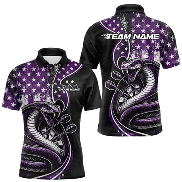 Maxcorners Custom Grunge Purple US Flag Patriotic Cobra Snake Dart Men Polo Shirt, Dart Jerseys