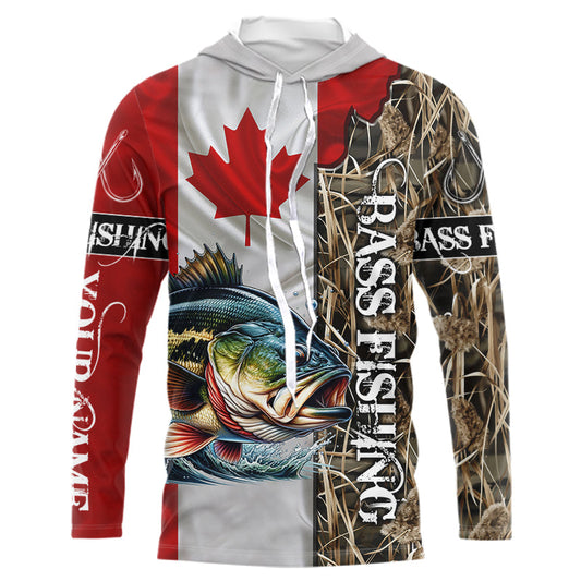 Maxcorners Bass Fishing Canada Flag Customize Name UV protection long sleeves fishing shirt LM0201