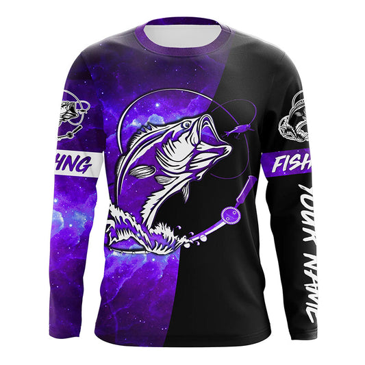 Maxcorners Bass Fishing tattoo purple galaxy black Custom performance UV protection long sleeve fishing shirts LM0201