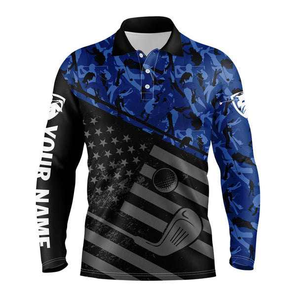 Maxcorner Customized Name Black American Flag Patriotic Blue Camo Golf 3D Polo Shirt