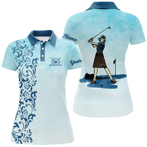 Maxcorners Vintage Women Golf Polo Shirt Custom Name Vintage Blue Golf Shirt For Women