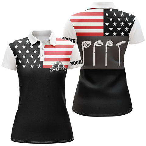 Maxcorners Womens Golf Polo Shirt Golf Club American Flag Patriot Golf Custom Name Black Golf Shirt