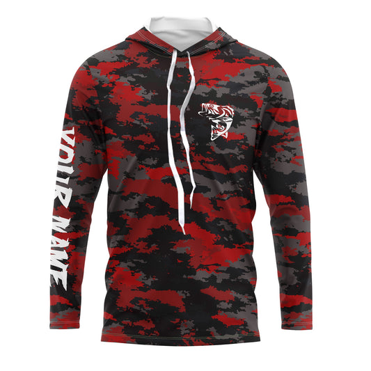 Maxcorners Bass fishing Red camouflage Custom Name Long sleeve, Long Sleeve Hooded Fishing Shirt - LM0201