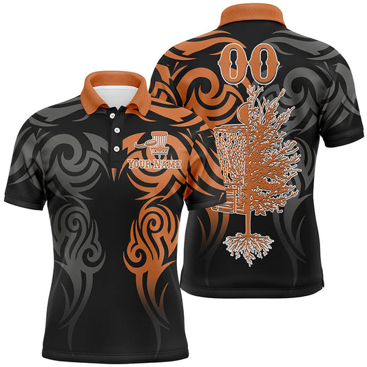 Maxcorners Custom name and number black orange Disc Golf basket tattoo Men polo shirts, disc golf shirts for men MT0510