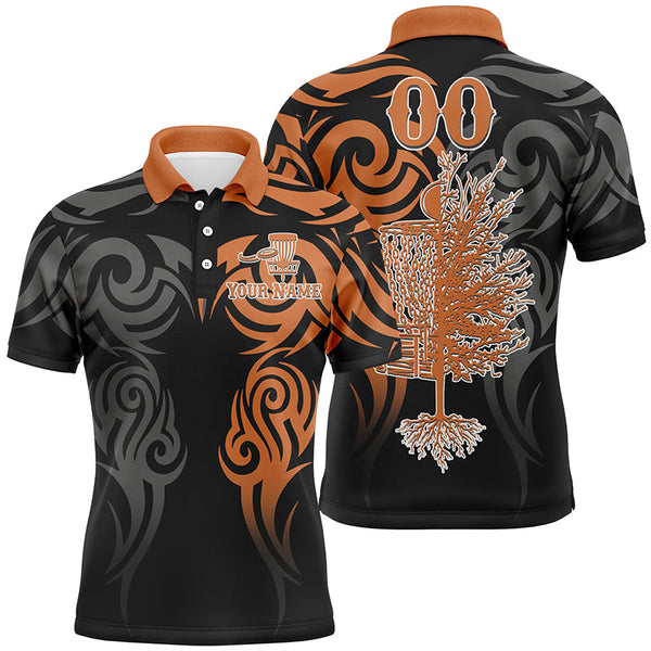 Maxcorners Custom name and number black orange Disc Golf basket tattoo Men polo shirts, disc golf shirts for men MT0510
