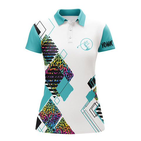 Maxcorners Light Blue Women Golf Polo White Shirt Colorful Leopard Pattern Custom Name Golf Gift For Women