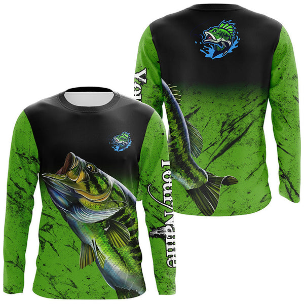 MaxCorners Green Largemouth Bass Fishing Customized Name 3D Long Sleeve Shirt