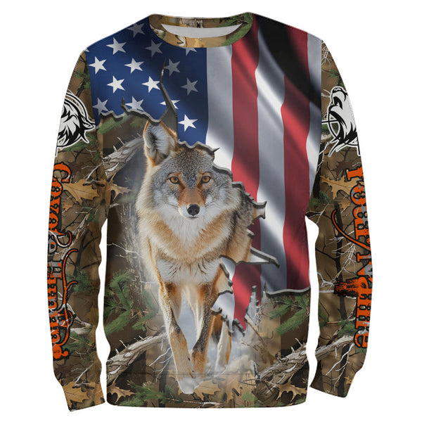 Maxcorners American Flag Coyote Hunting Predator Camouflage Custom Name Shirt 3D All Over Printed Clothes