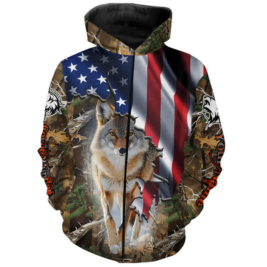 Maxcorners American Flag Coyote Hunting Predator Camouflage Custom Name Shirt 3D All Over Printed Clothes