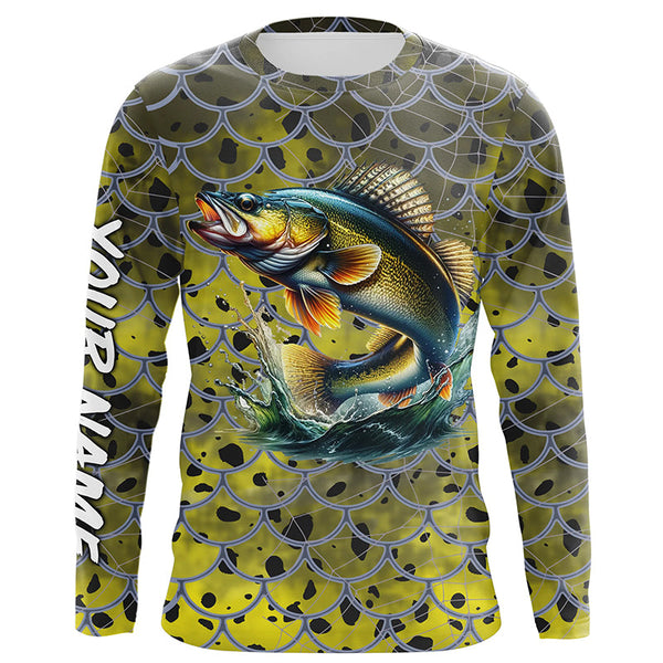 Maxcorners Walleye Fishing yellow scales customize name performance UV protection long sleeves fishing shirts LM2408