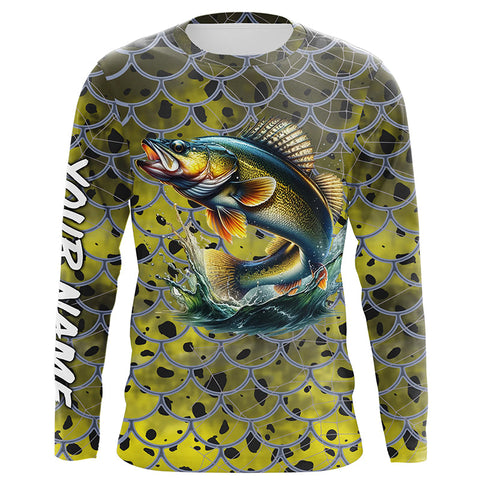 Maxcorners Walleye Fishing yellow scales customize name performance UV protection long sleeves fishing shirts LM2408
