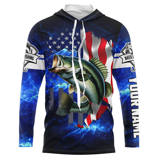 Maxcorners Bass Fishing 3D American Flag patriotic blue galaxy Custom UV protection long sleeve Fishing Shirts LM0201